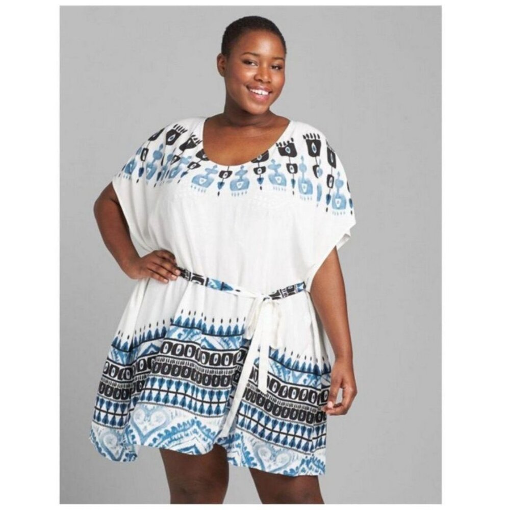 Cacique Swim White Blue Ikat Cover Up 14/16 Dress Rayon Belted Boho Bohemian Tie